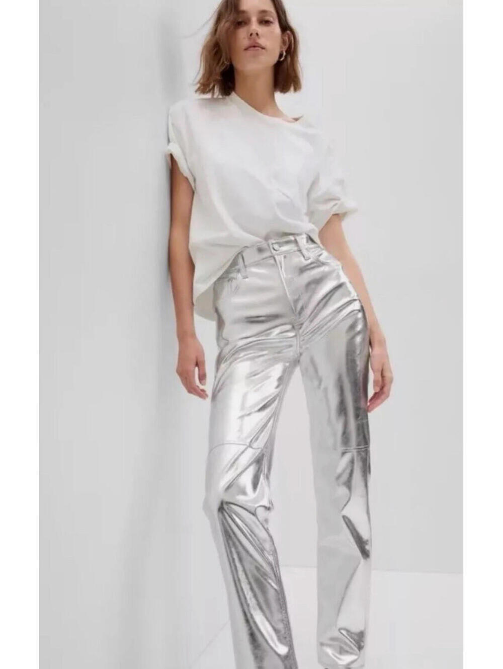 Gap High Rise Vegan Leather Cheeky Straight Pants Silver Metallic Women 31/ 12 T